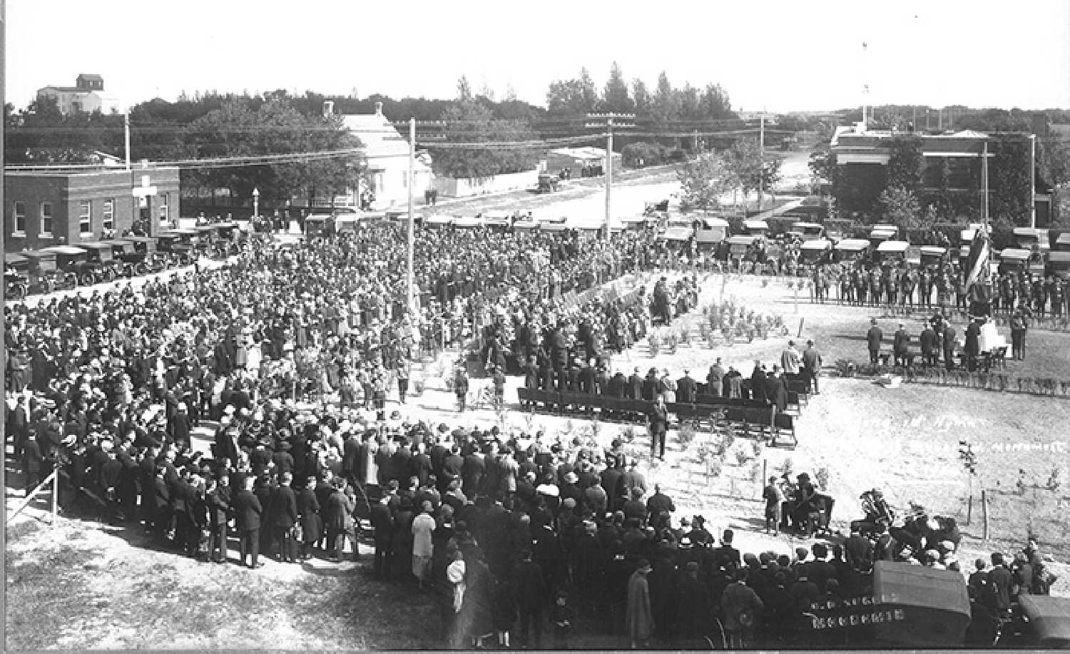 The scene when Moosomins Cenotaph was unveiled in 1924.